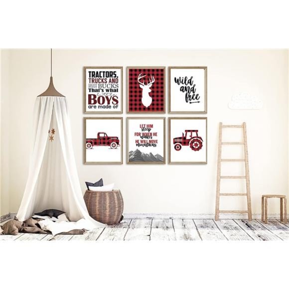 Buffalo Plaid Deer Tractor Truck Themed Children Art Print WallDecor(Set of Six) - Picture 2 of 4